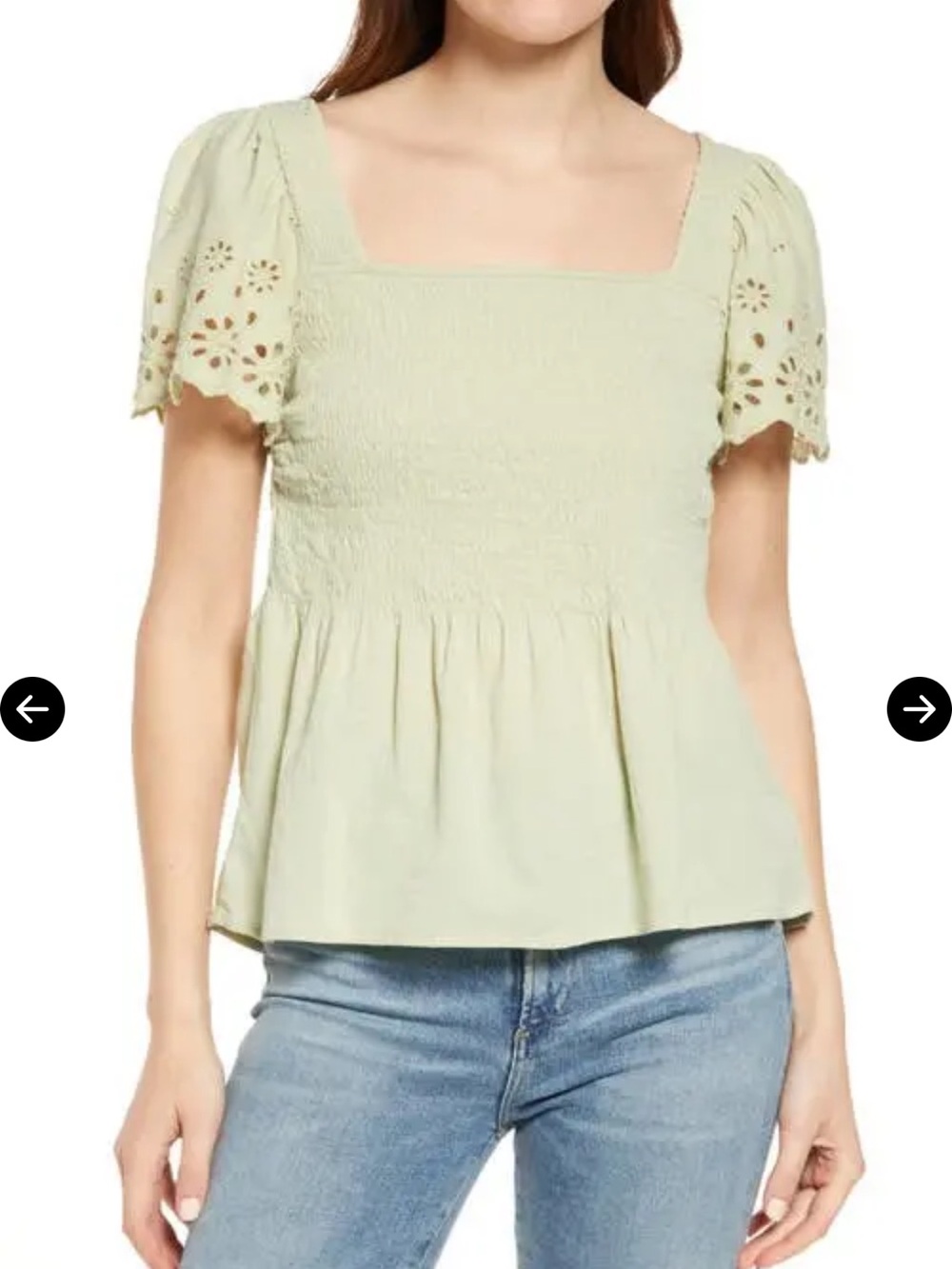 Madewell Sage Green Square-Neck Eyelet Sleeve Peplum Top
